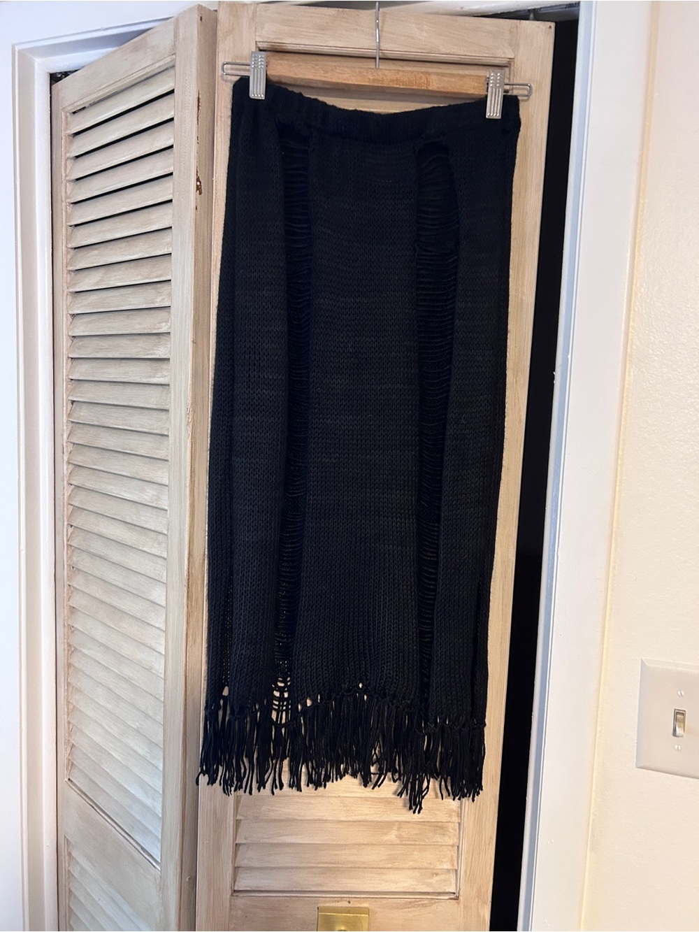 Black Fringe Knit Midi Skirt